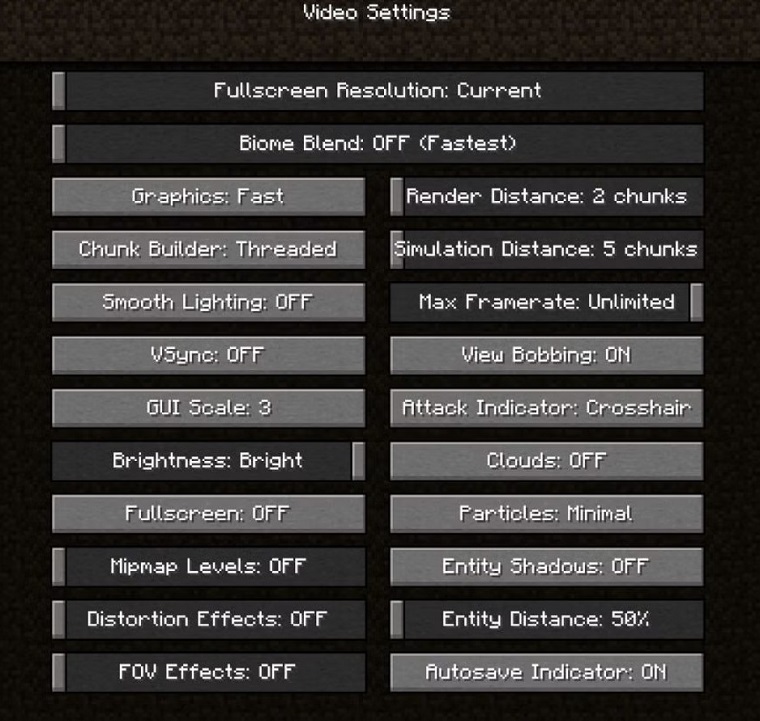 Minecraft In-Game Graphics Settings.