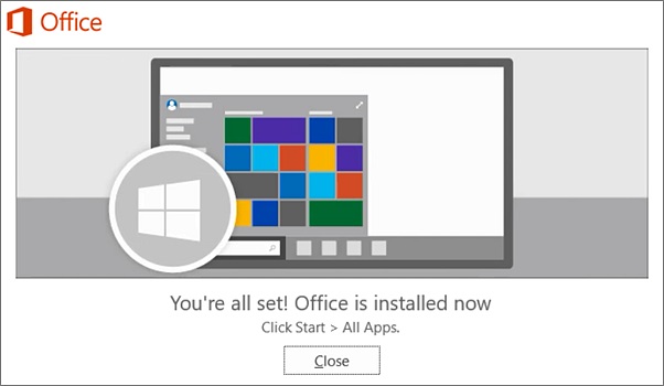 Installation of Office 2016 is complete