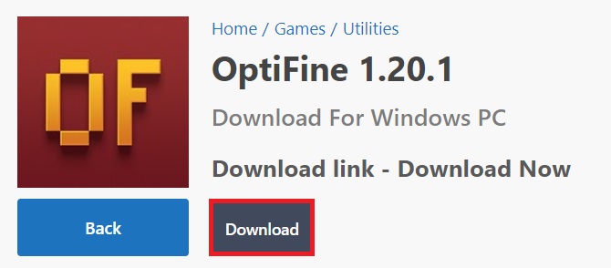 Download button for OptiFine Minecraft