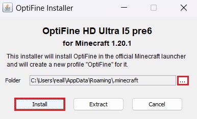 OptiFine 1.20.1 for Minecraft installer window