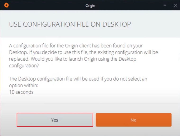 Origin Asking To Use The New Configuration File.