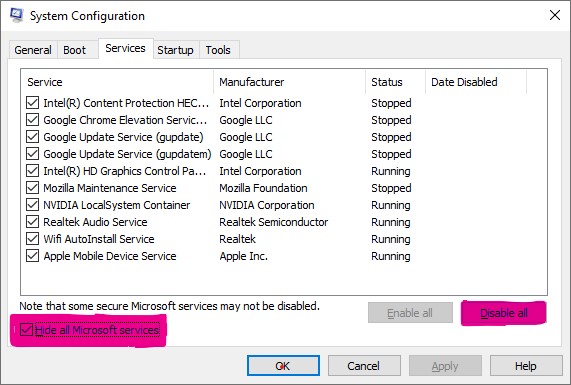 Perform Clean Boot System Confg Hide Microsoft Services