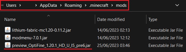 Placing OptiFine's jar file into Minecraft's mods folder