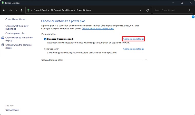 Change Plan setting option in Power Options.