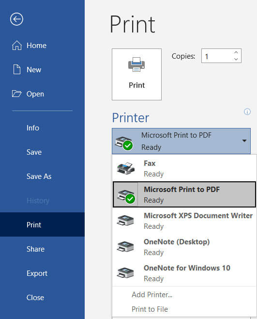 Microsoft Print to PDF windows 10