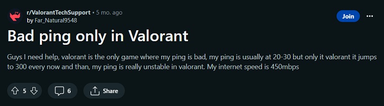 Reddit user facing high ping along with ping spikes in Valorant despite having internet with a lot of bandwidth.