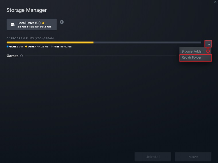 Repair Folder Option Inside Steam Storage Manager.