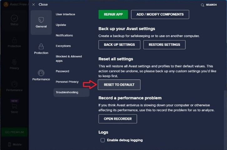 Reset Avast Settings