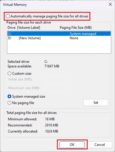 Reset Virtual Memory to resolve Windows 10 100% disk Usage in Task Manager