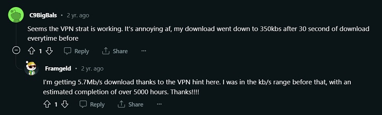 using a vpn fixed the slow download speed problem.