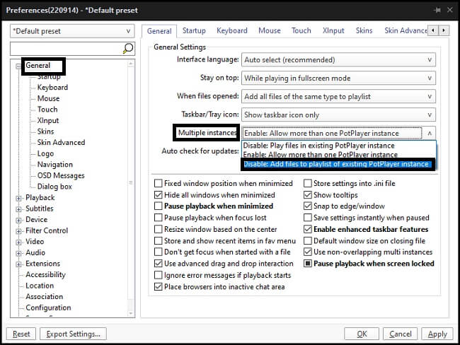 Go to multiple instance to fix the PotPlayer from playing the next file.