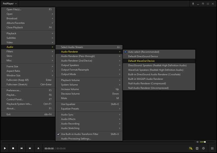 click on the default wave out device to play sound when playing the Next file in potplayer.
