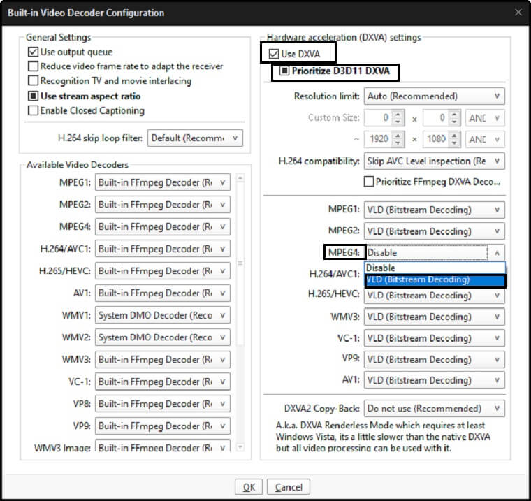 Tick the DXVA and change the MPEG4 option.