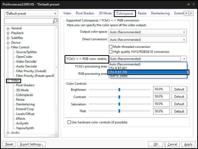 Change the setting to ITU-R BT.709