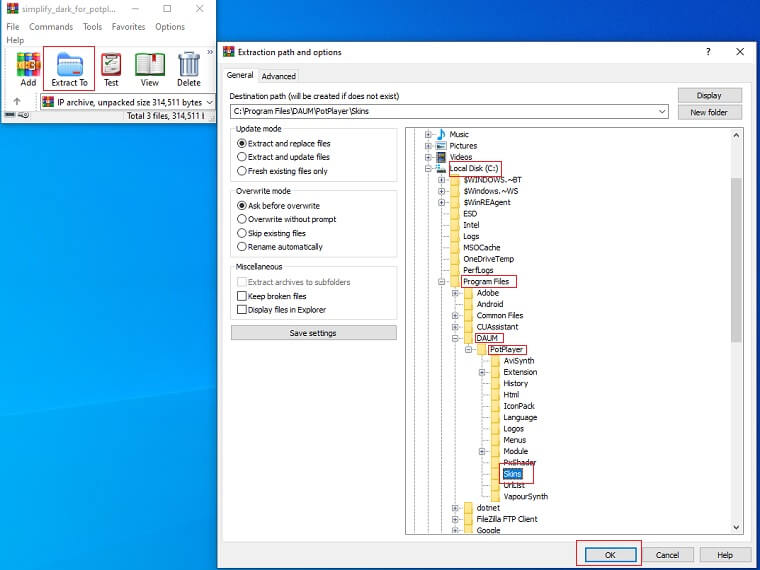 Extract the download skin in the PotPlayer.