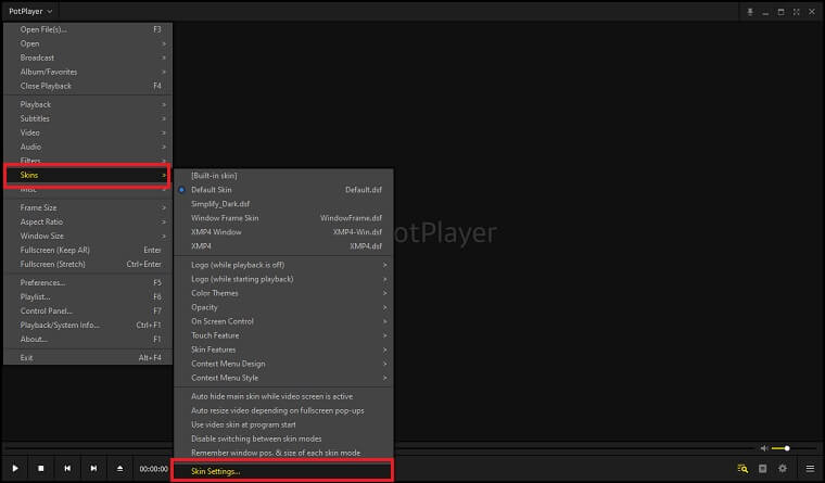 Open PotPlayer and go to the skin settings.