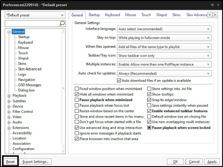 Reset the PotPlayer default settings. Factory Reset All Setting like Video, Brightness,