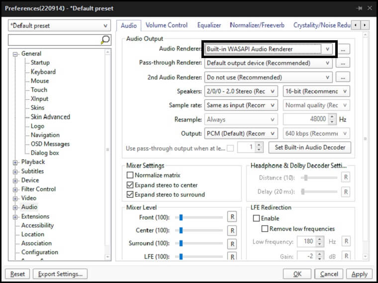 Change the audio renderer settings.