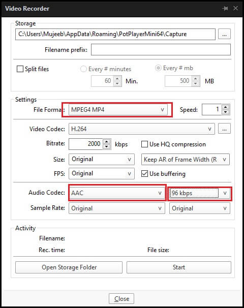 Change the video recording settings in PotPlayer. Improve Video Quality