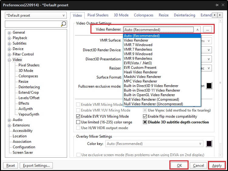 Video Renderer Settings for PotPlayer on Windows PC