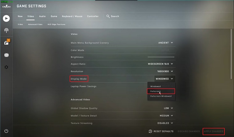 Switching CSGO to Fullscreen Mode from windowed/fullscreen windowed.