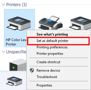 Set The Printer As Default