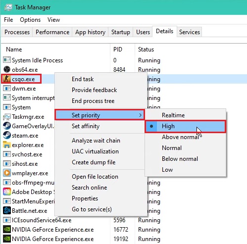 Setting CS:GO to High Priority In Task Bar details tab.
