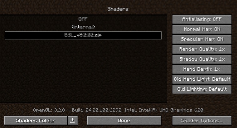 Shader selection menu in Minecraft's video settings