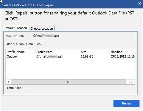 Select Outlook Data File For Repair
