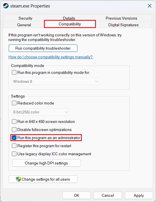 Steam compatibility settings menu.