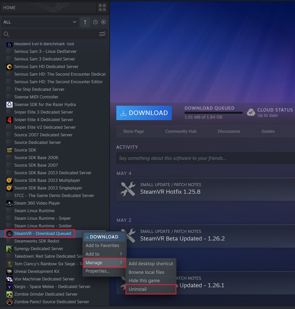 SteamVR uninstall option under Steam Library.