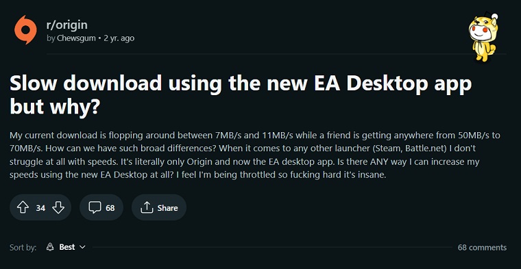 Users report having extremely slow download speeds in Origin.