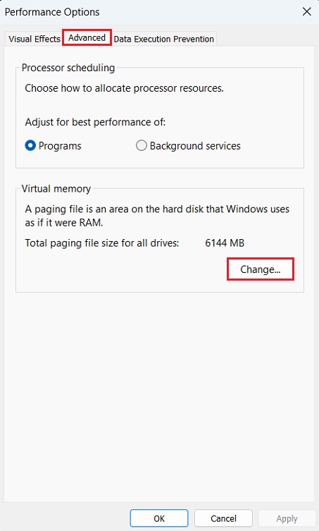 virtual memory settings inside advanced performance options.