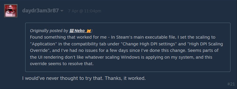 changing high dpi settings of steam.exe worked for some steam users.