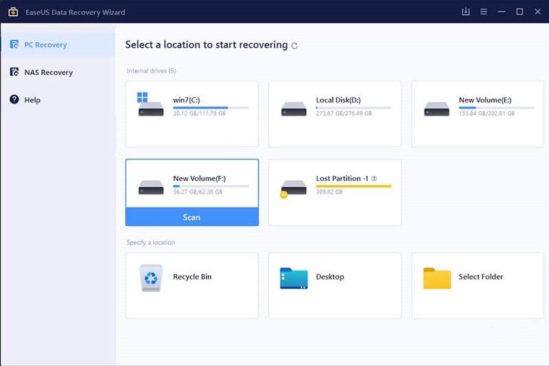 choose the drive where you want to recover files using Easeus data recovery software