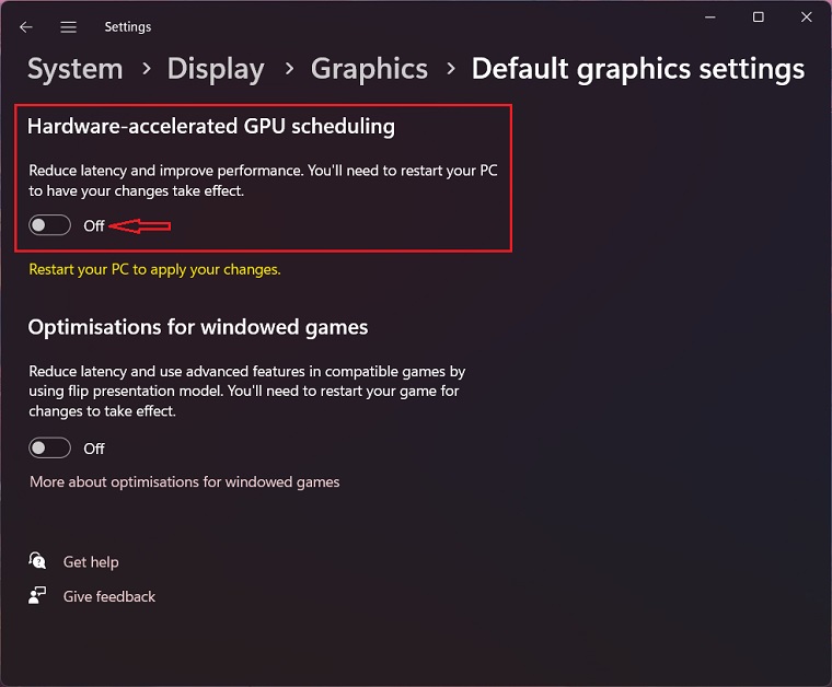 Hardware accelerated GPU scheduling option