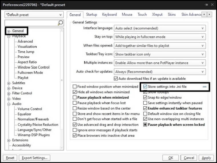 How to Import/Export Setting in Potplayer?