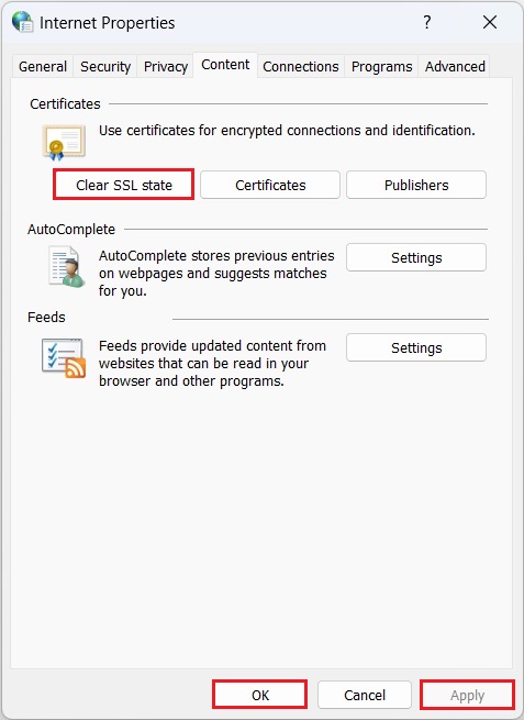 Internet Properties Window Clear SSL State Option