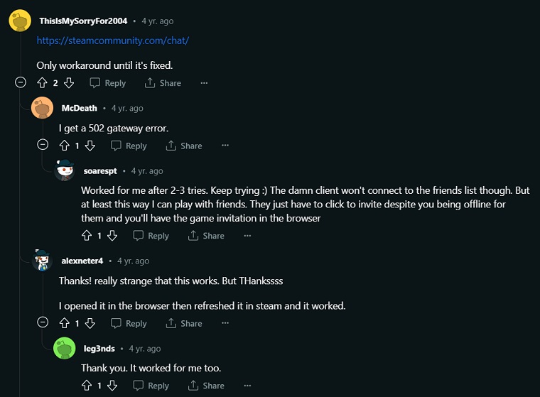 Steam chat in browser fixes friends network unreachable problem.