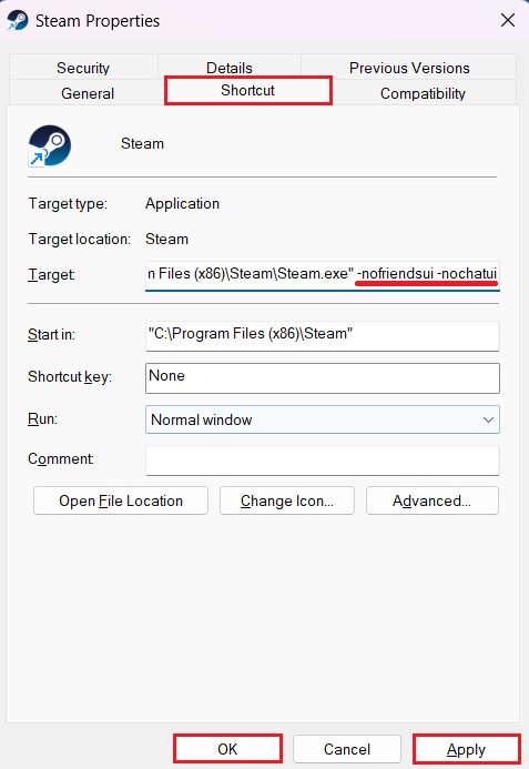 -nofriendsui & -nochatui command line in Steam Shortcut