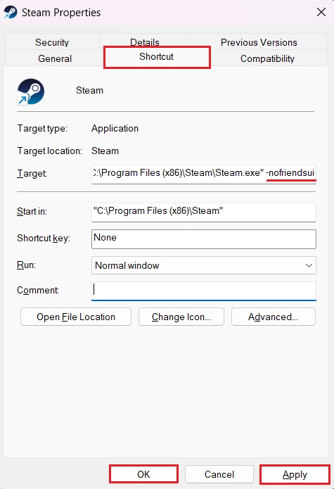 -nofriendsui command line in Steam Shortcut