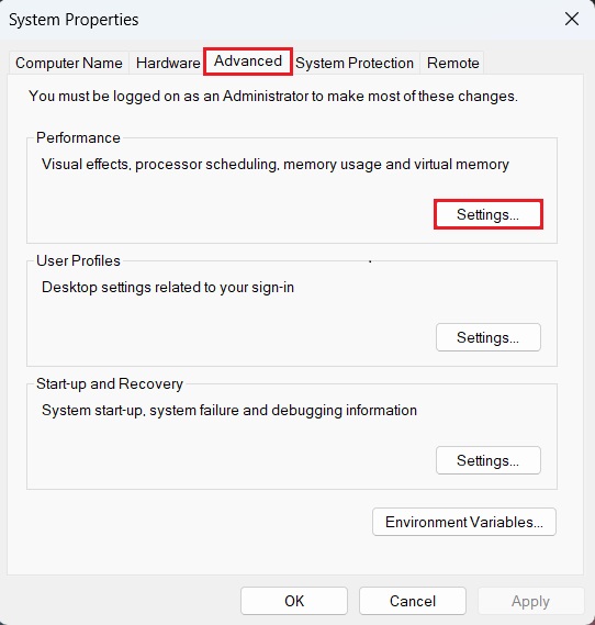 Advanced System Properties Menu