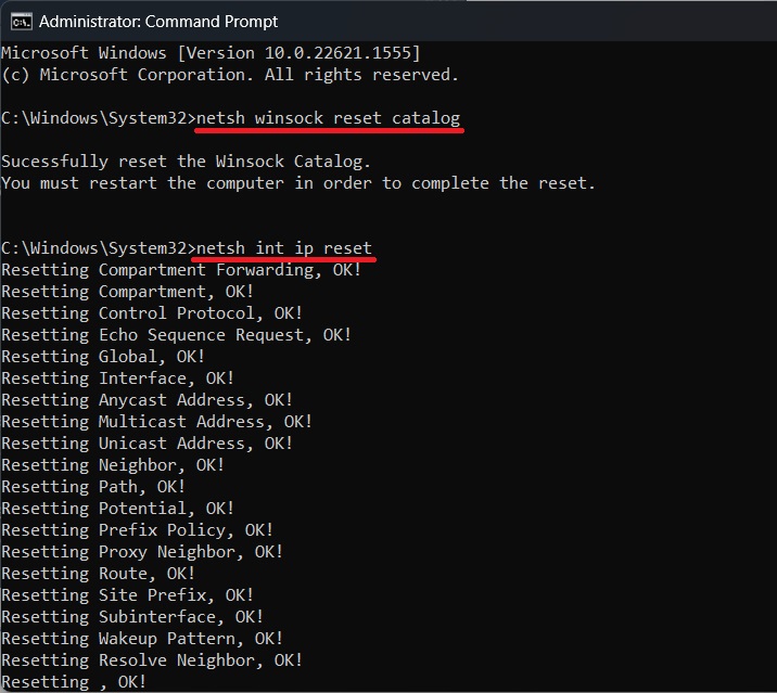 Resetting Winsock and TCP/IP through Command Prompt.