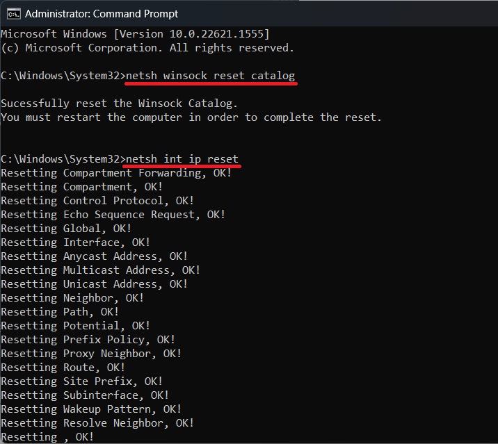 Resetting Winsock and TCP/IP through Command Prompt.