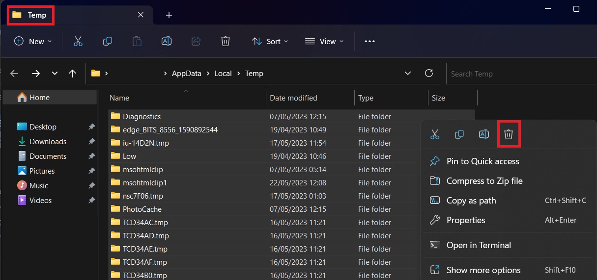 Clearing Temp files inside AppData.