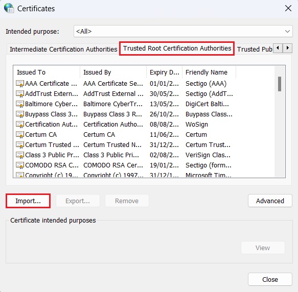 Trusted Root Certification Authorities In Certificates Window