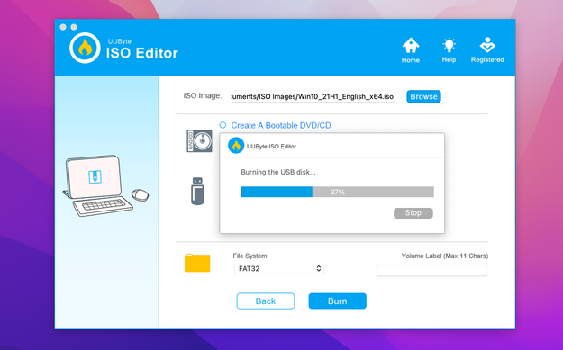 UUByte ISO editor burning the USB disk -
Create Windows 10 Bootable USB On Mac